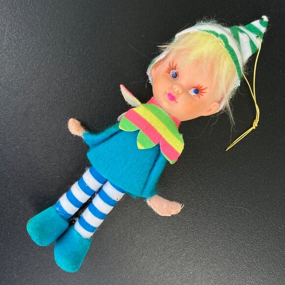 Napco Japan Mod Stripe Pixie Blue Eyed Girl Elf Christmas Ornament - Picture 2 of 13